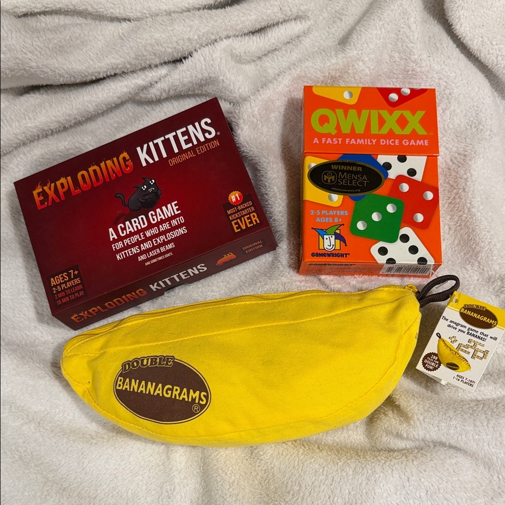 Exploding Kittens Card Game, Qwixx Dice Game and Double Bananagrams Set Bundle